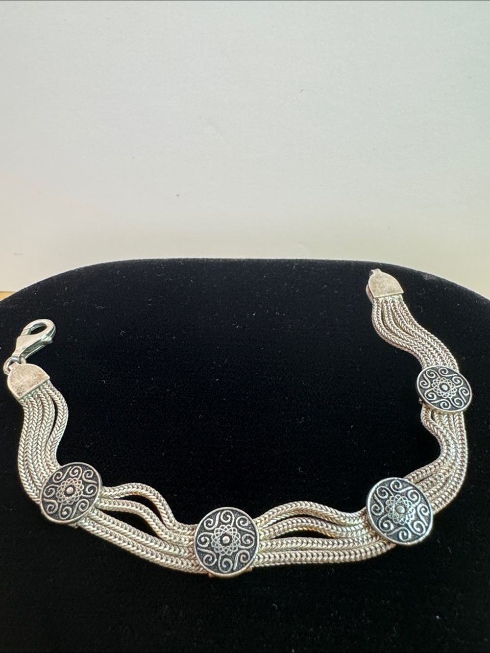 Turkish handcraft sterling 925 straw mesh bracelet w/ ornate oxidized medallions